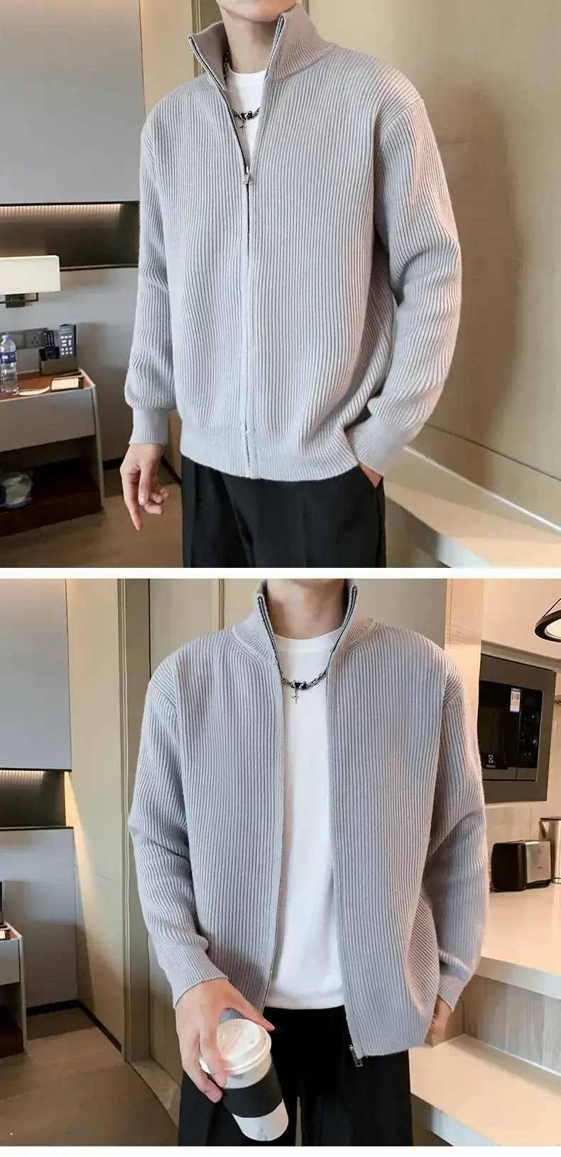 Men's 2023 Spring Sweater Cardigan Zipper Coat White — feature 14