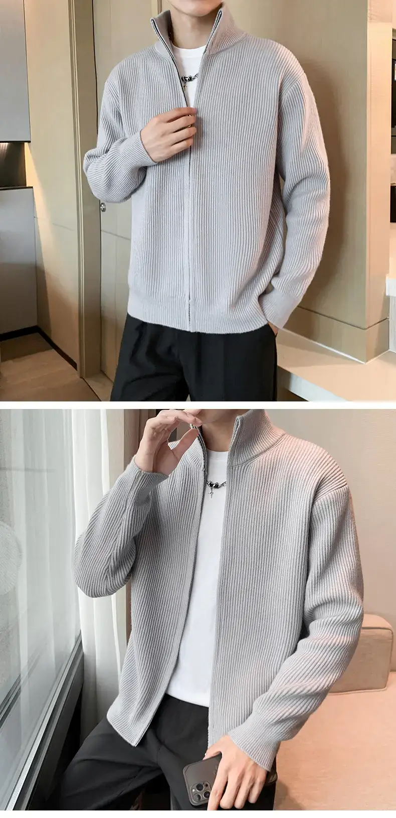 Men's 2023 Spring Sweater Cardigan Zipper Coat White — feature 15
