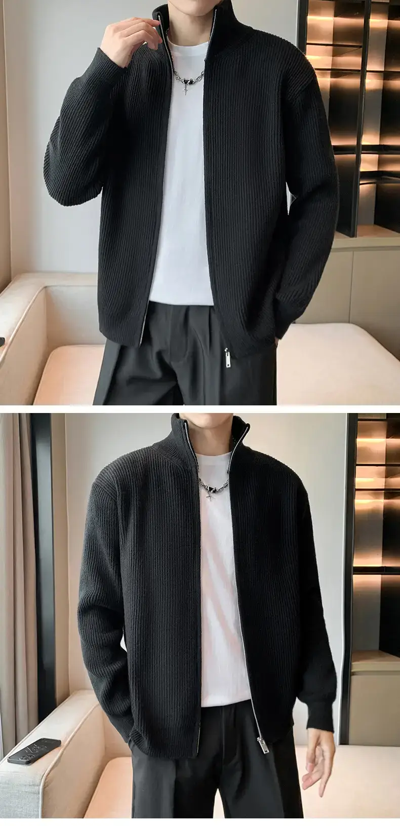 Men's 2023 Spring Sweater Cardigan Zipper Coat White — feature 2