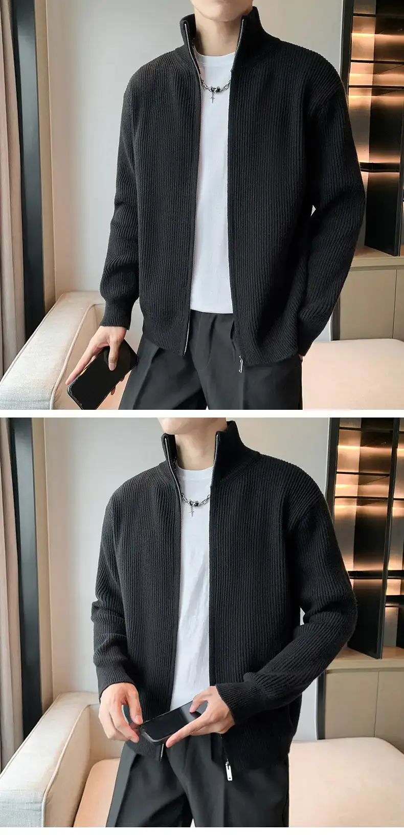 Men's 2023 Spring Sweater Cardigan Zipper Coat White — feature 3
