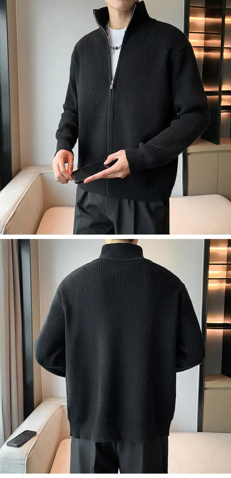 Men's 2023 Spring Sweater Cardigan Zipper Coat White — feature 4
