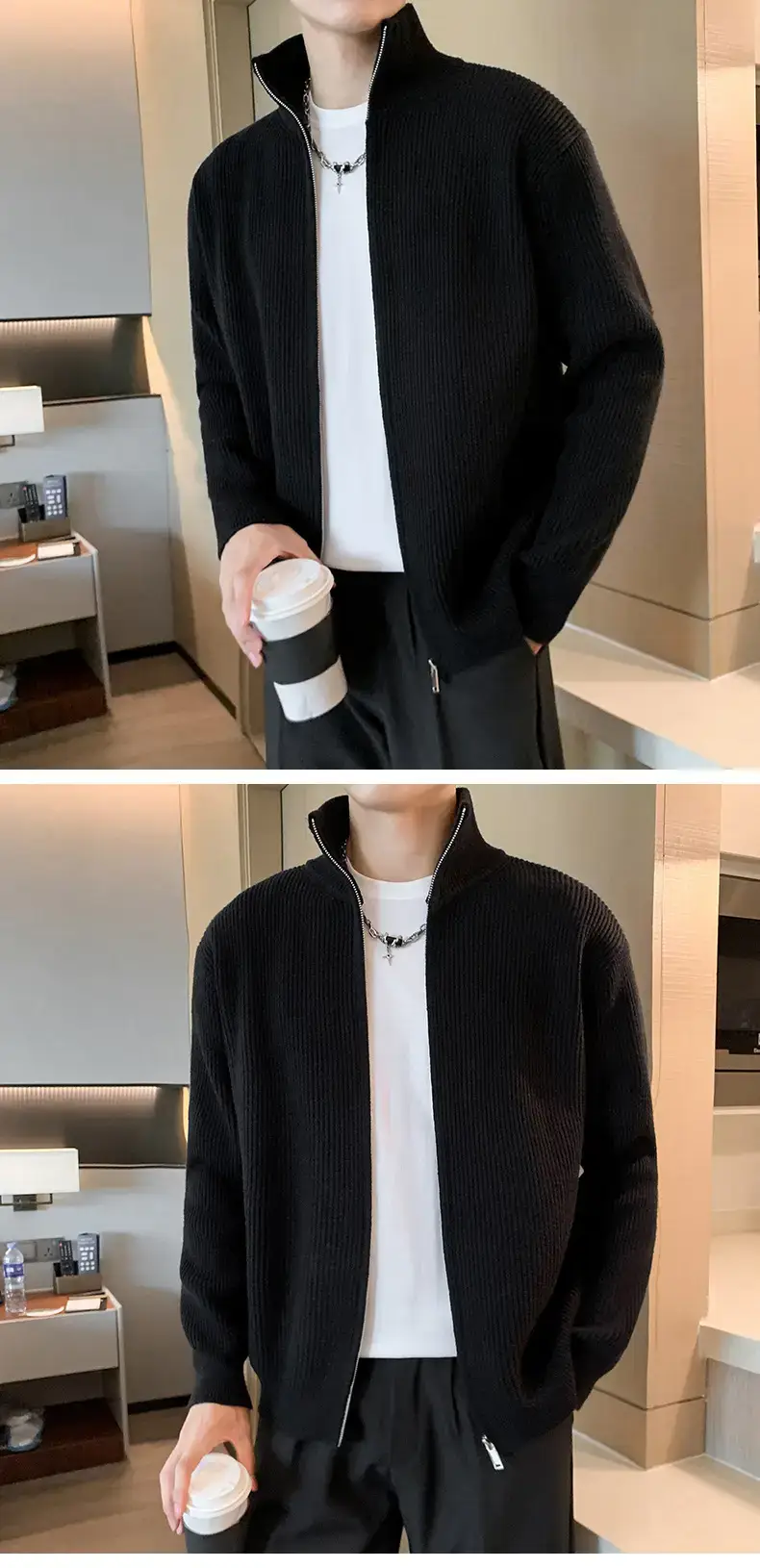 Men's 2023 Spring Sweater Cardigan Zipper Coat White — feature 5