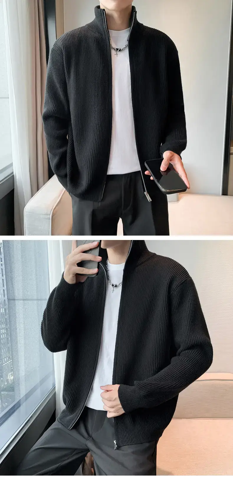 Men's 2023 Spring Sweater Cardigan Zipper Coat White — feature 6