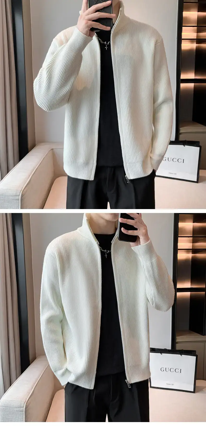 Men's 2023 Spring Sweater Cardigan Zipper Coat White — feature 7