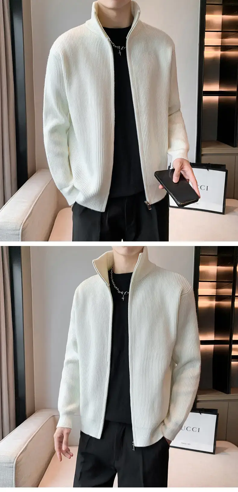 Men's 2023 Spring Sweater Cardigan Zipper Coat White — feature 8