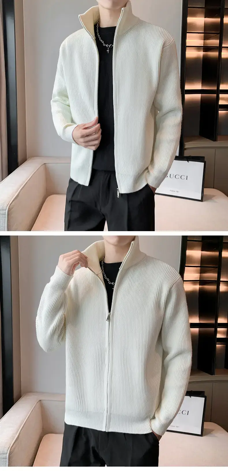 Men's 2023 Spring Sweater Cardigan Zipper Coat White — feature 9