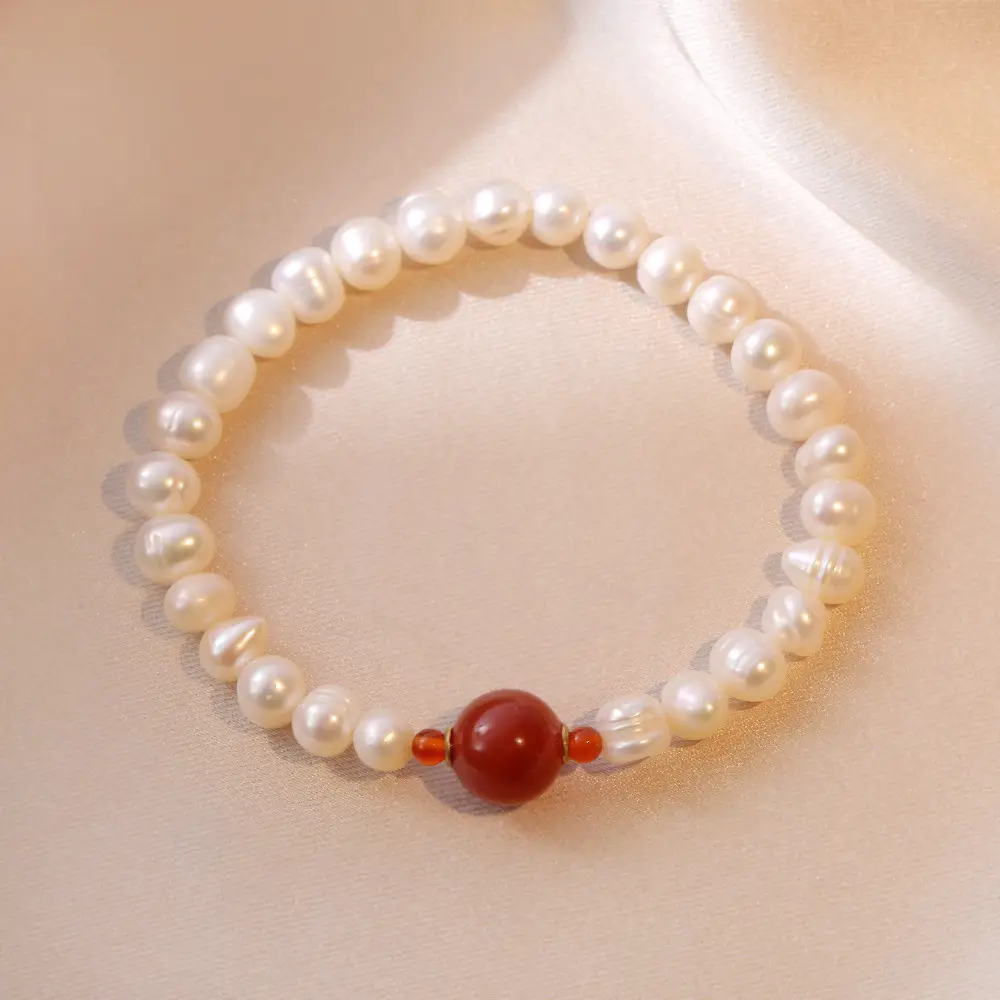 Elegant Pearl Bracelet with Red Agate for Women