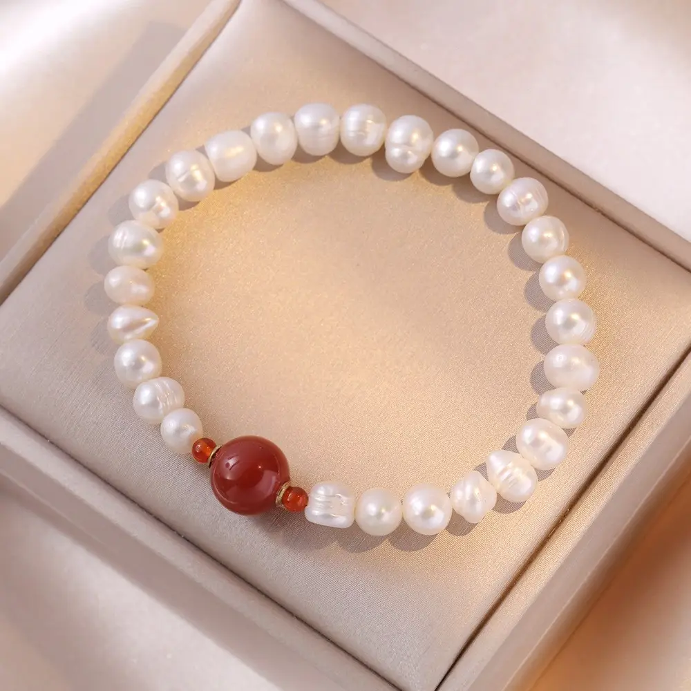 Elegant Pearl Bracelet with Red Agate for Women