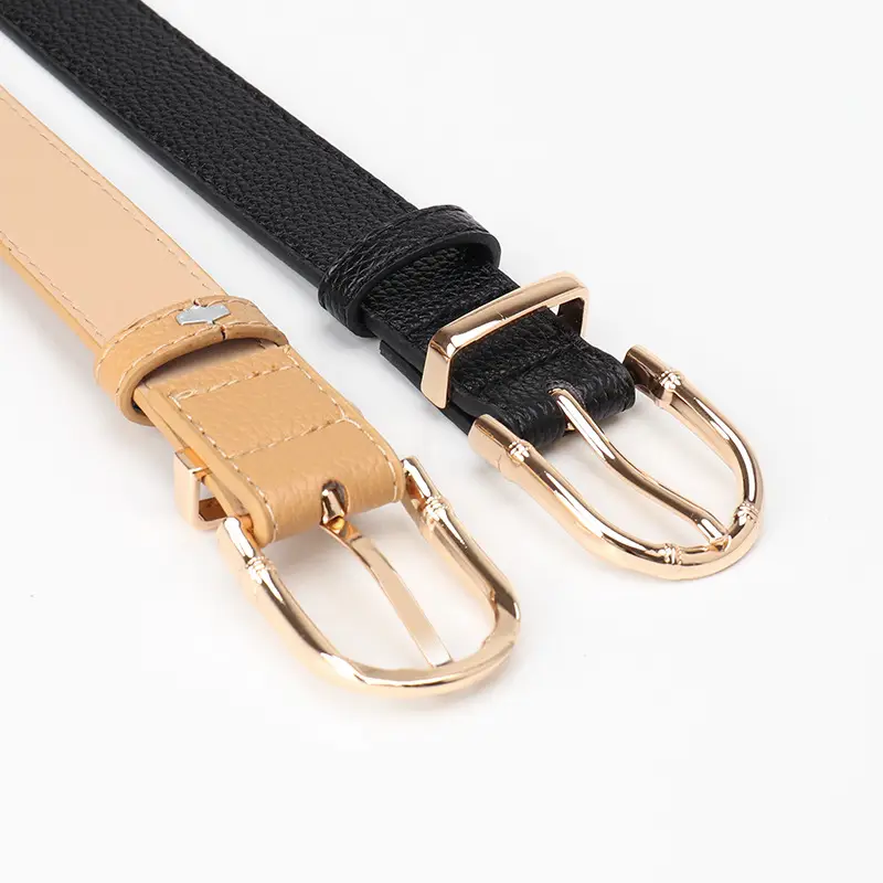 Women Black Leather Belt with Gold Plated Buckle