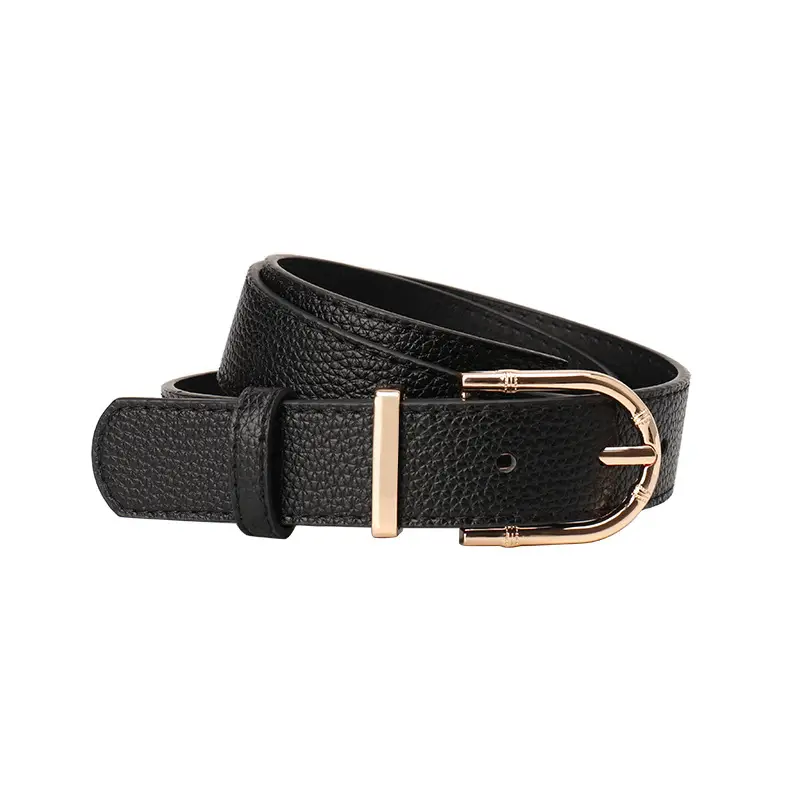 Women Black Leather Belt with Gold Plated Buckle