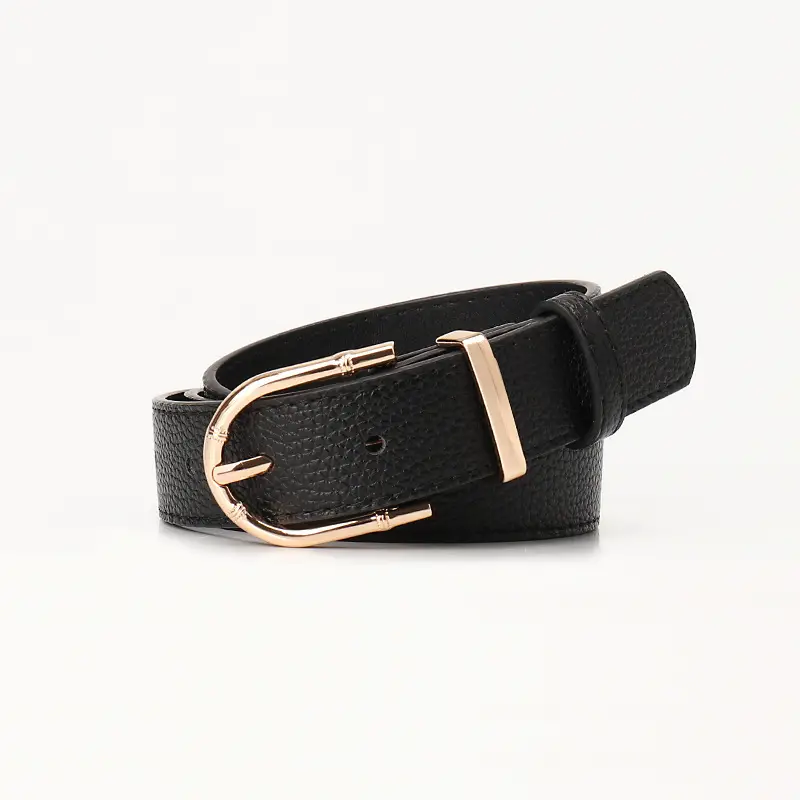 Women Black Leather Belt with Gold Plated Buckle