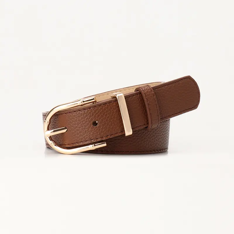 Women Black Leather Belt with Gold Plated Buckle