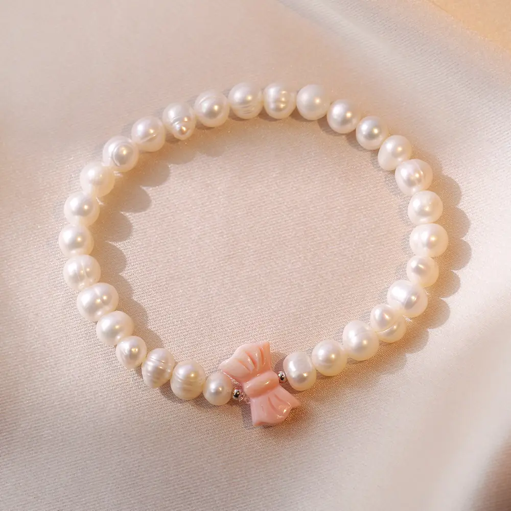 S925 Pearl Bracelet with Pink Bow for Women