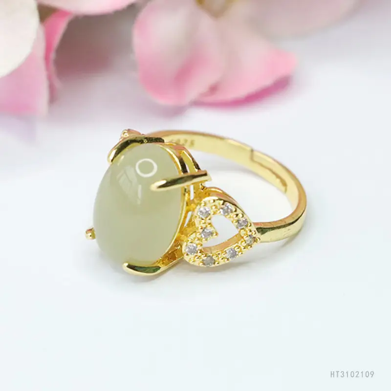 Guan Yu Jade Ring Heart Shaped Gold Plated - Image 3