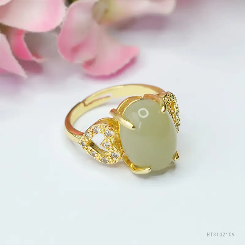 Guan Yu Jade Ring Heart Shaped Gold Plated - Image 4