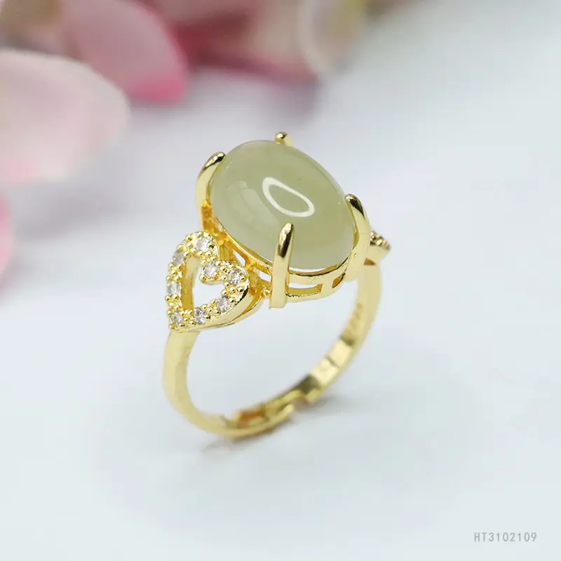 Guan Yu Jade Ring Heart Shaped Gold Plated - Image 5