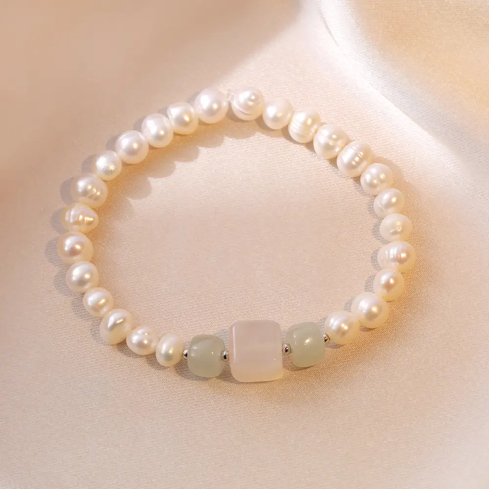 S925 Pearl Bracelet with Jade Accent Adjustable Women - Image 3