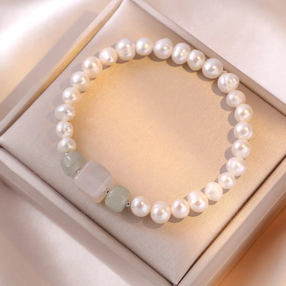 S925 Pearl Bracelet with Jade Accent Adjustable Women - Image 4