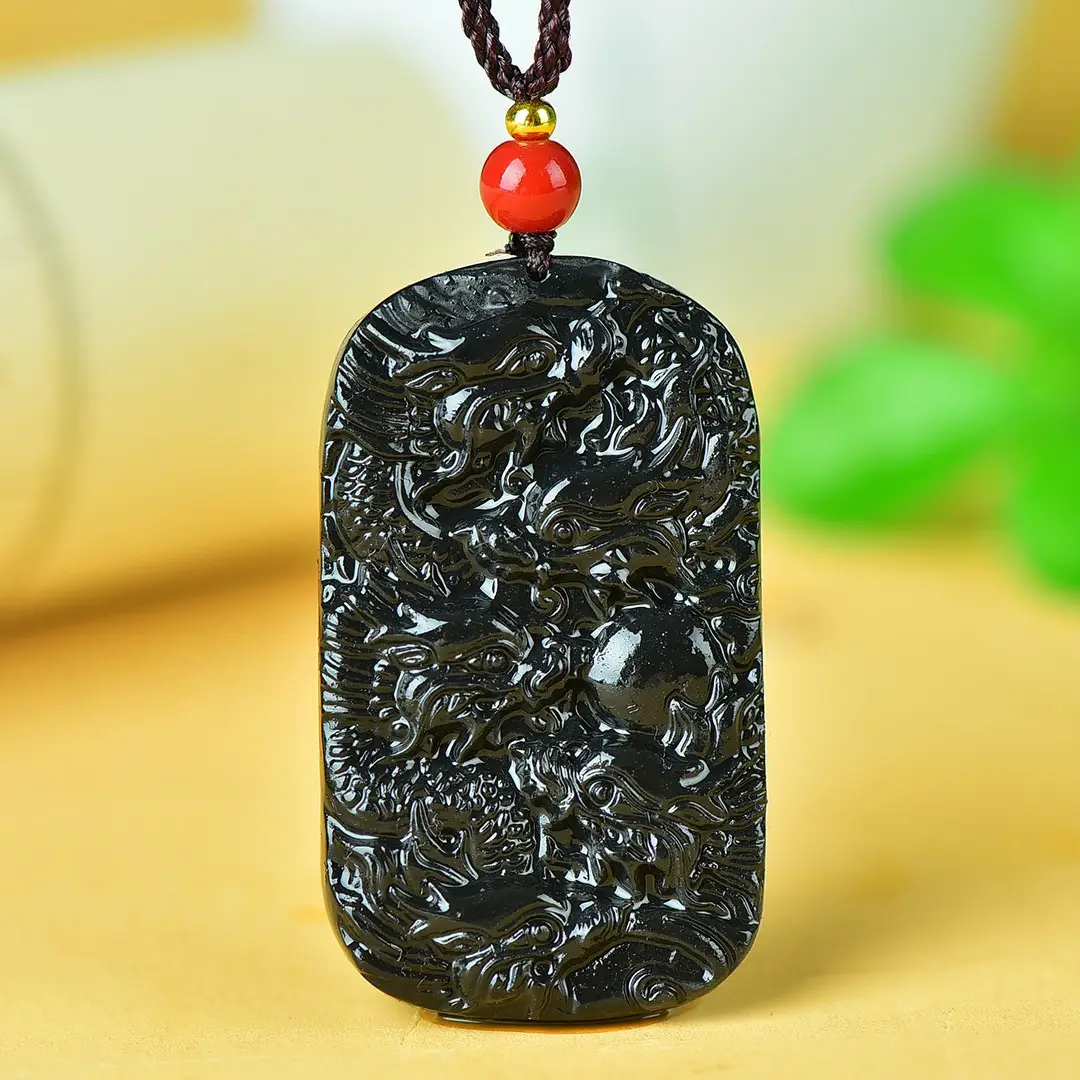 Black Golden Jade Kowloon Pendant with Red Bead - Image 3