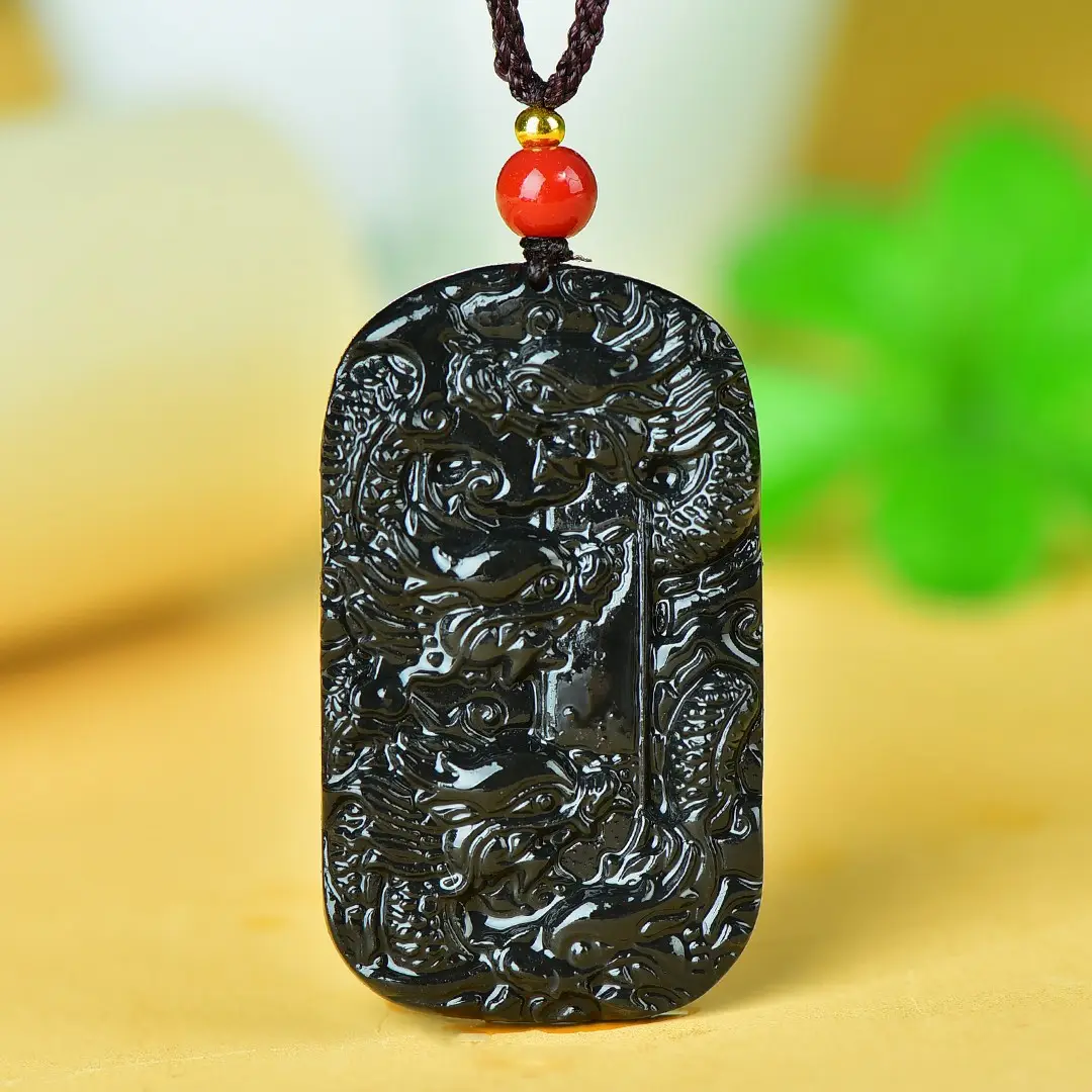 Black Golden Jade Kowloon Pendant with Red Bead - Image 4