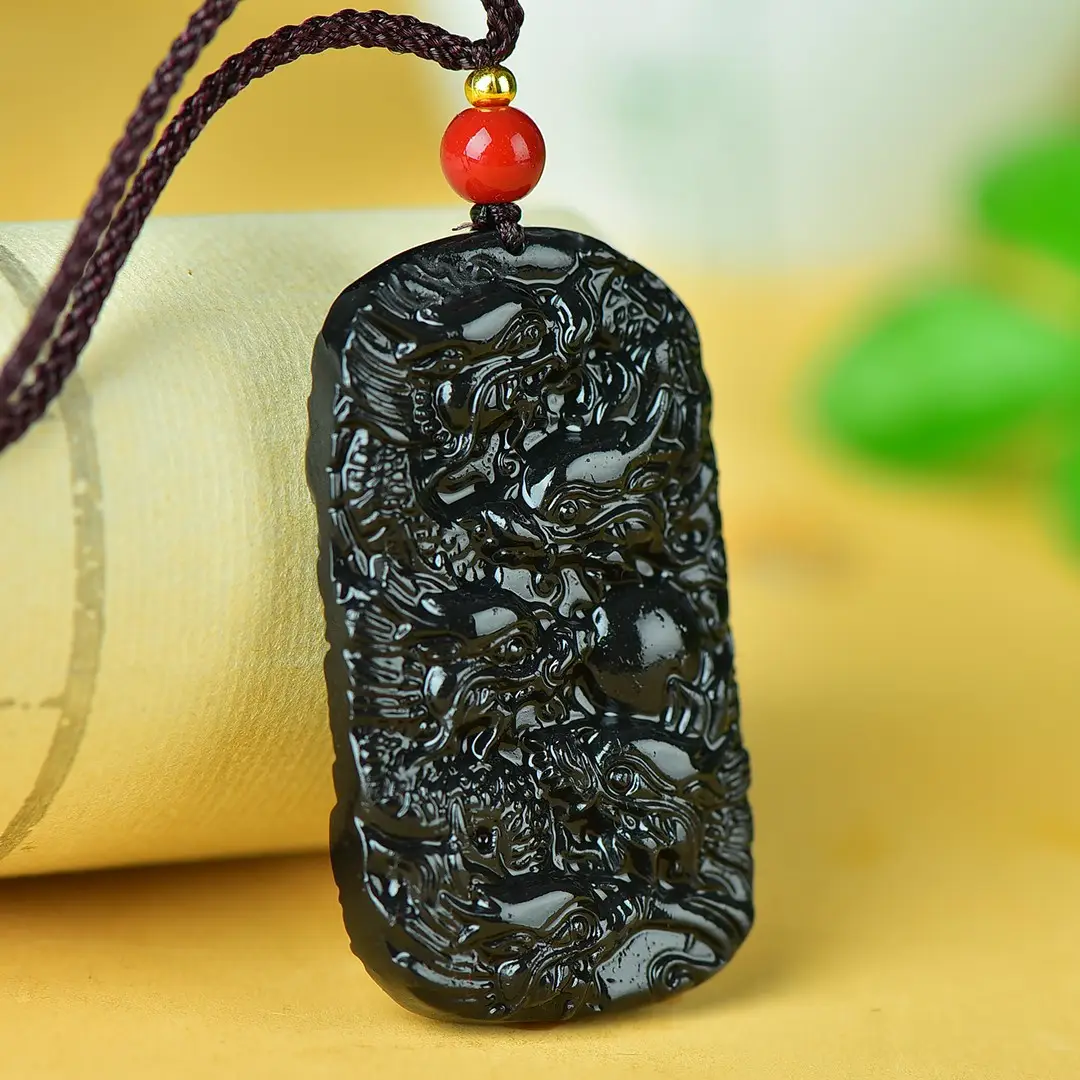 Black Golden Jade Kowloon Pendant with Red Bead - Image 5
