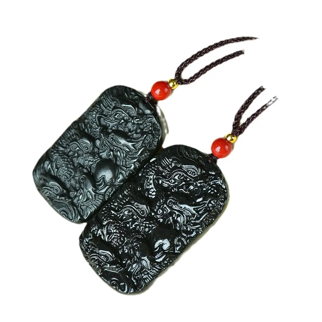 Black Golden Jade Kowloon Pendant with Red Bead - Image 6