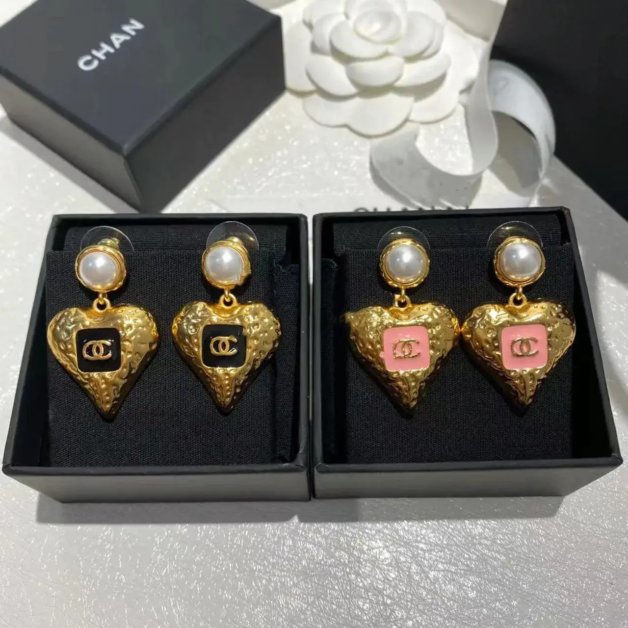 Chanel Heart Pearl Earrings Gold 23K