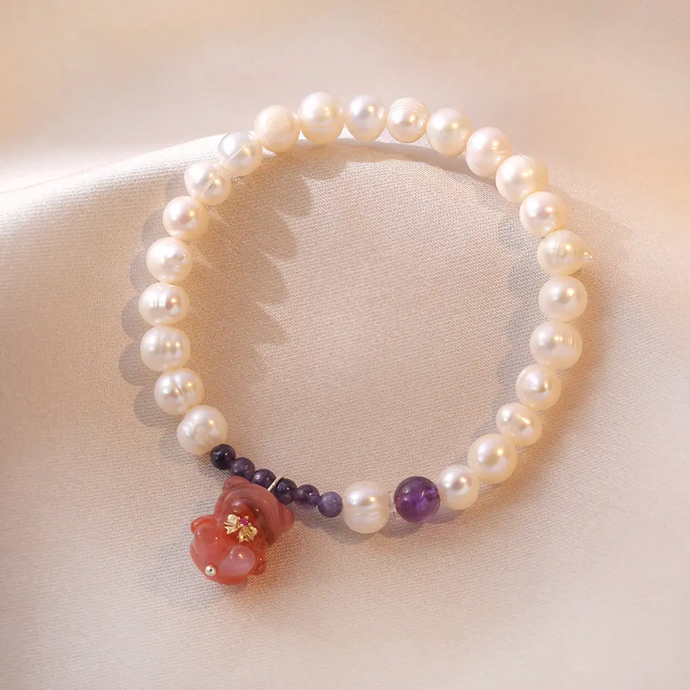 S925 Pearl Bracelet with Amethyst & Crystal Bow
