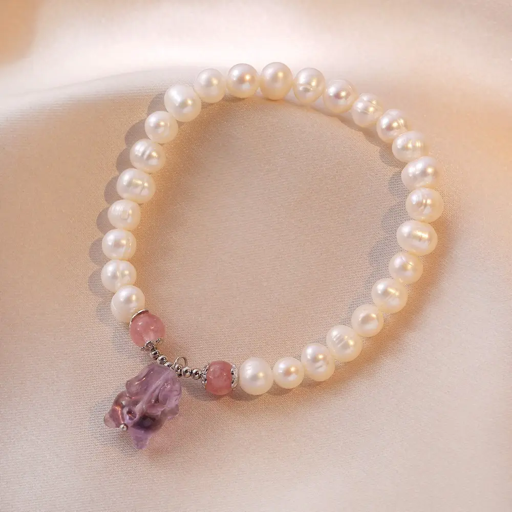 S925 Pearl Bracelet with Amethyst Charm for Women - Image 4