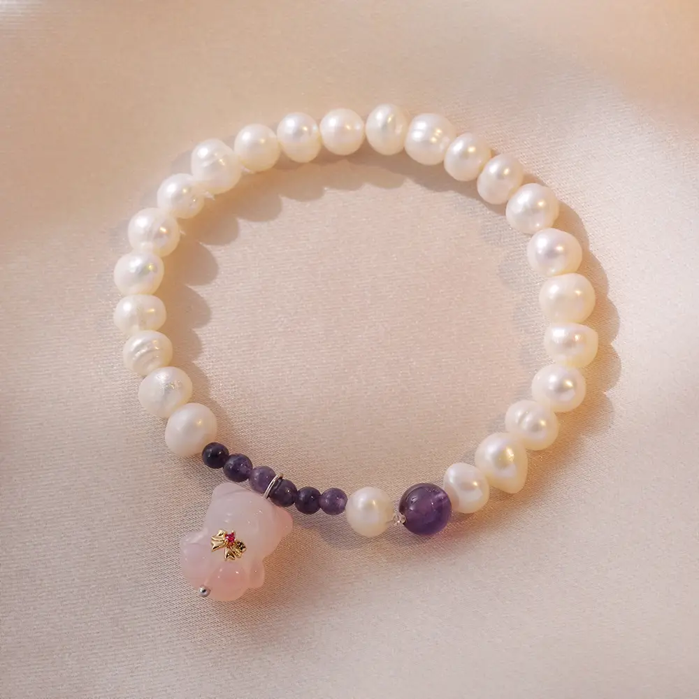 S925 Pearl Bracelet with Amethyst & Crystal Bow
