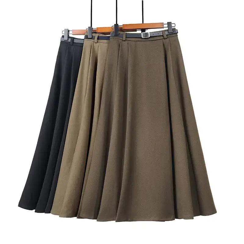 Black Wool Pleated Mid-Length Skirt Winter High Waist - Image 5