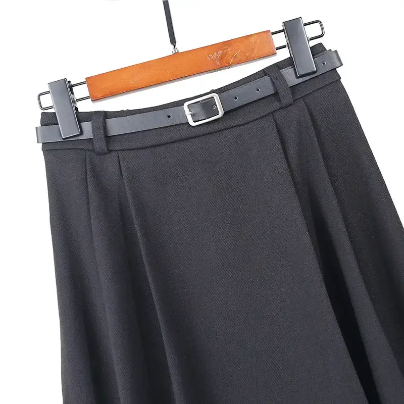 Black Wool Pleated Mid-Length Skirt Winter High Waist — feature 5