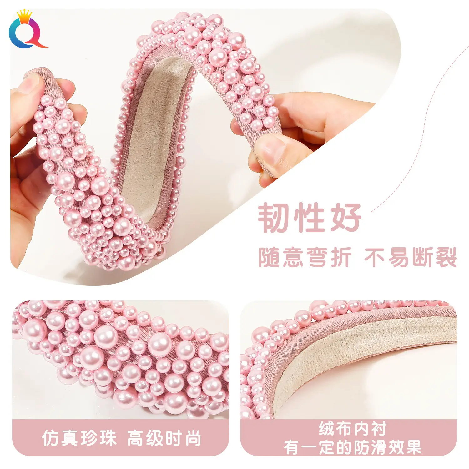Pink Full Pearl Skull Top Headband for Women - Image 4