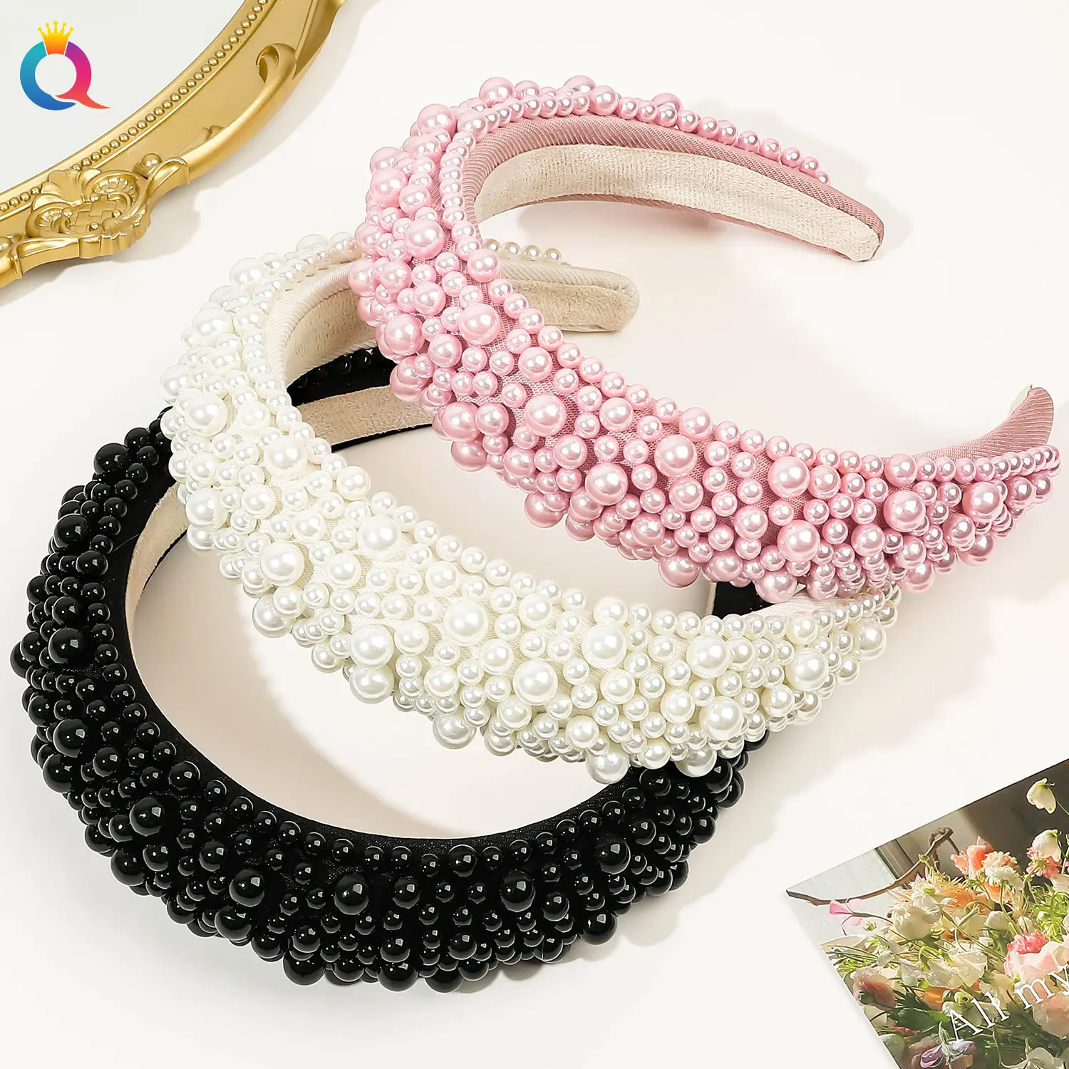 Pink Full Pearl Skull Top Headband for Women — feature 18