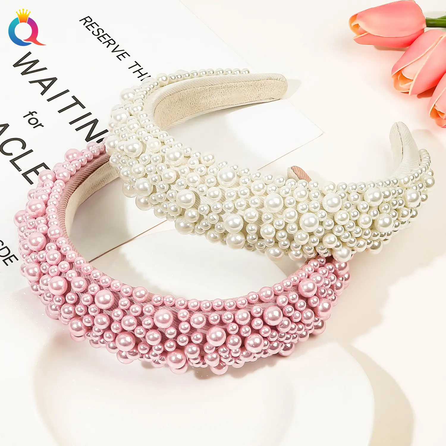 Pink Full Pearl Skull Top Headband for Women — feature 19