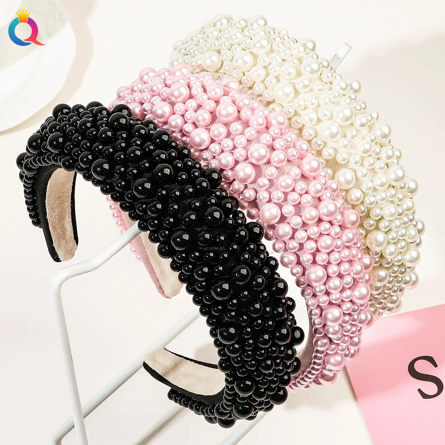 Pink Full Pearl Skull Top Headband for Women — feature 20