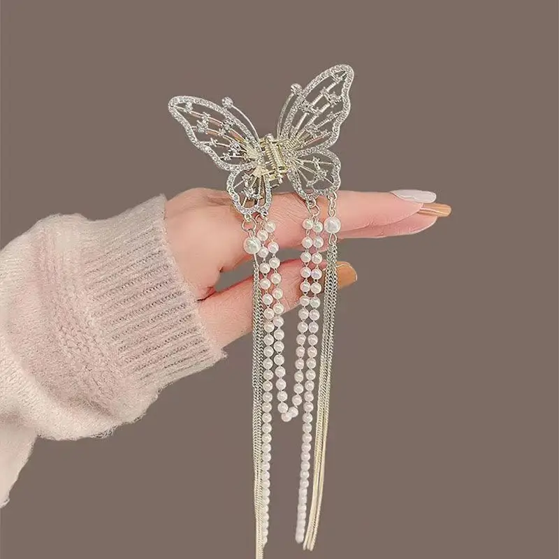 Metal Butterfly Hairpin with Pearl Tassel for Women