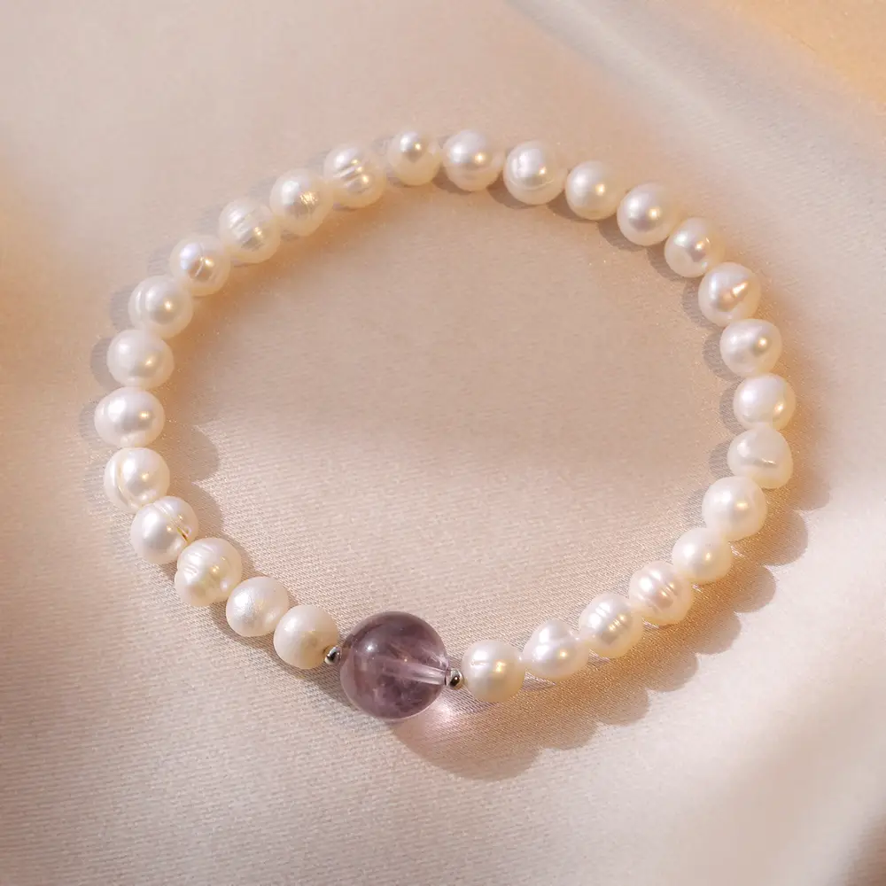 S925 Pearl Bracelet with Vintage Amethyst Drop - Image 3