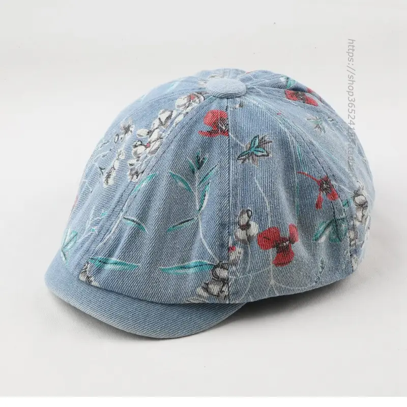 Retro Denim Octagonal Hat with Floral Print - Image 6