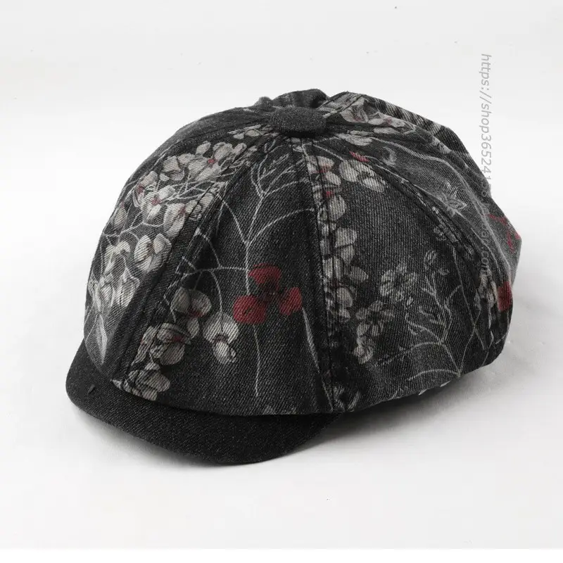 Retro Denim Octagonal Hat with Floral Print - Image 7