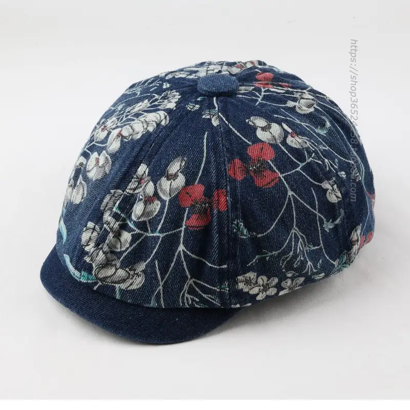 Retro Denim Octagonal Hat with Floral Print - Image 8