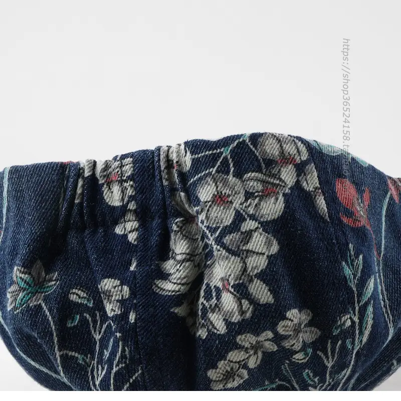 Retro Denim Octagonal Hat with Floral Print - Image 9