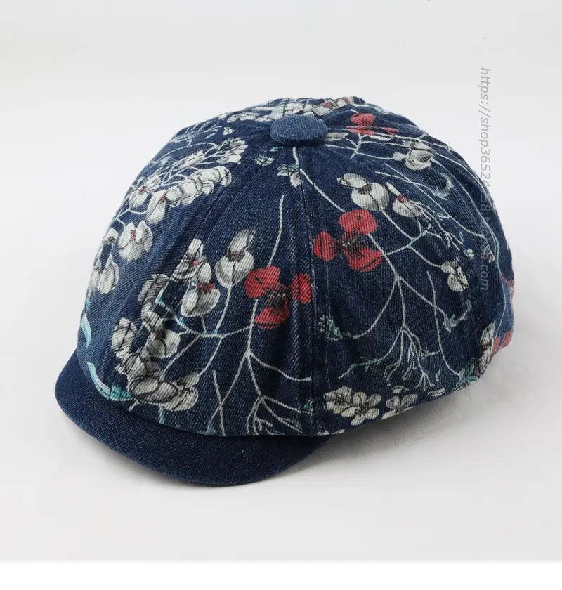 Retro Denim Octagonal Hat with Floral Print — feature 1