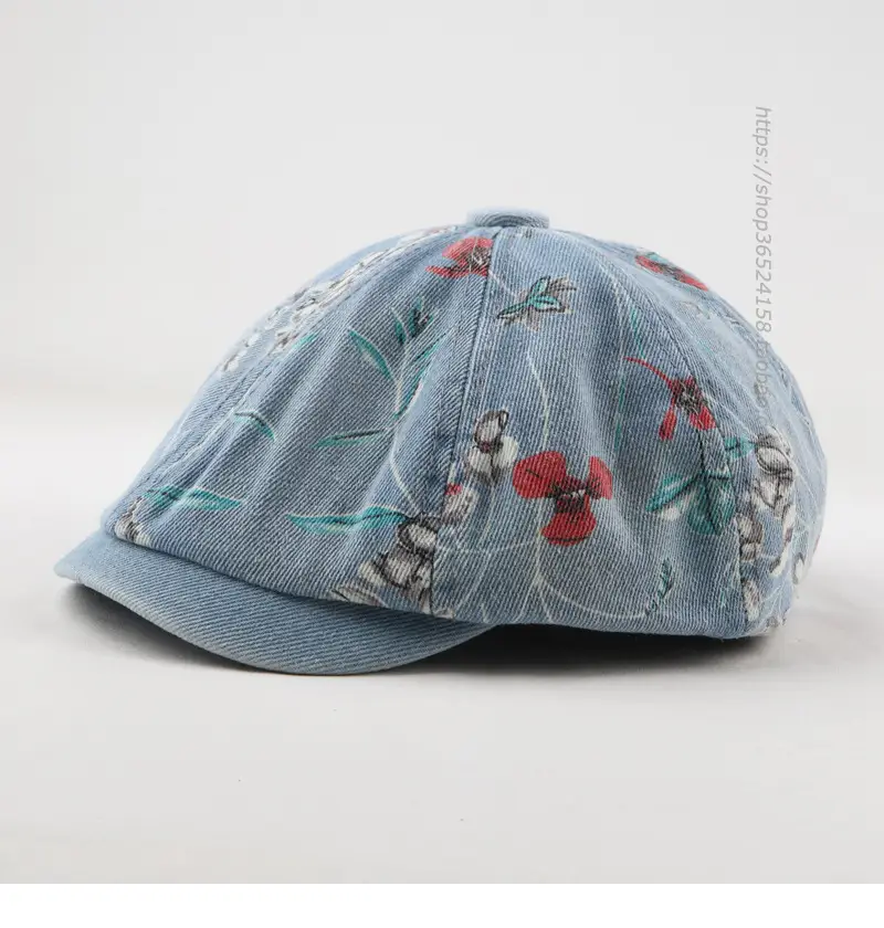 Retro Denim Octagonal Hat with Floral Print — feature 4