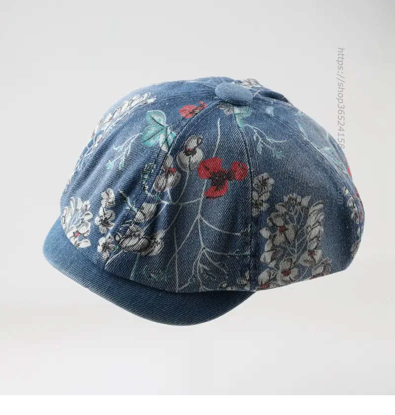 Retro Denim Octagonal Hat with Floral Print — feature 8