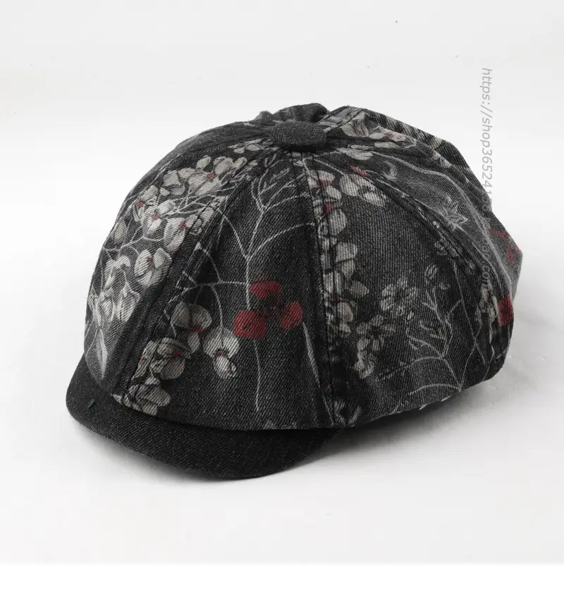 Retro Denim Octagonal Hat with Floral Print - Image 2