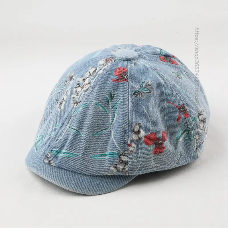 Retro Denim Octagonal Hat with Floral Print - Image 3