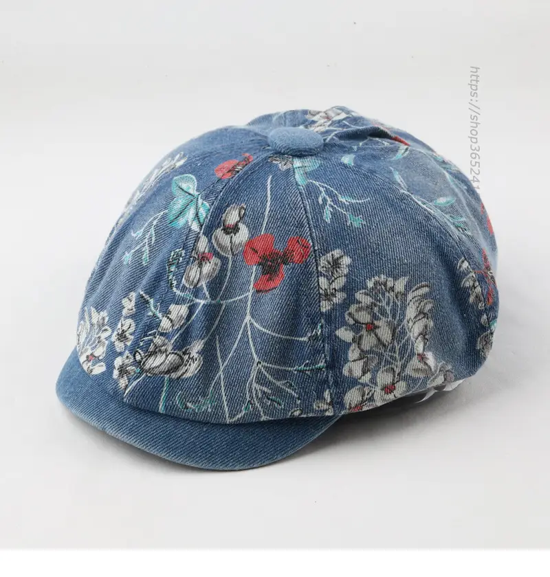 Retro Denim Octagonal Hat with Floral Print - Image 4