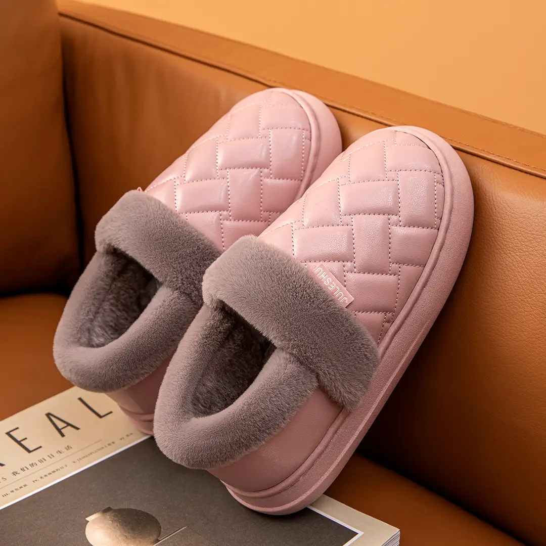 Waterproof Leather Cotton Slippers Women's Winter Home Indoor Thickened Warm Bag with Puleather Thick Slippers Household Autumn and Winter - Image 6