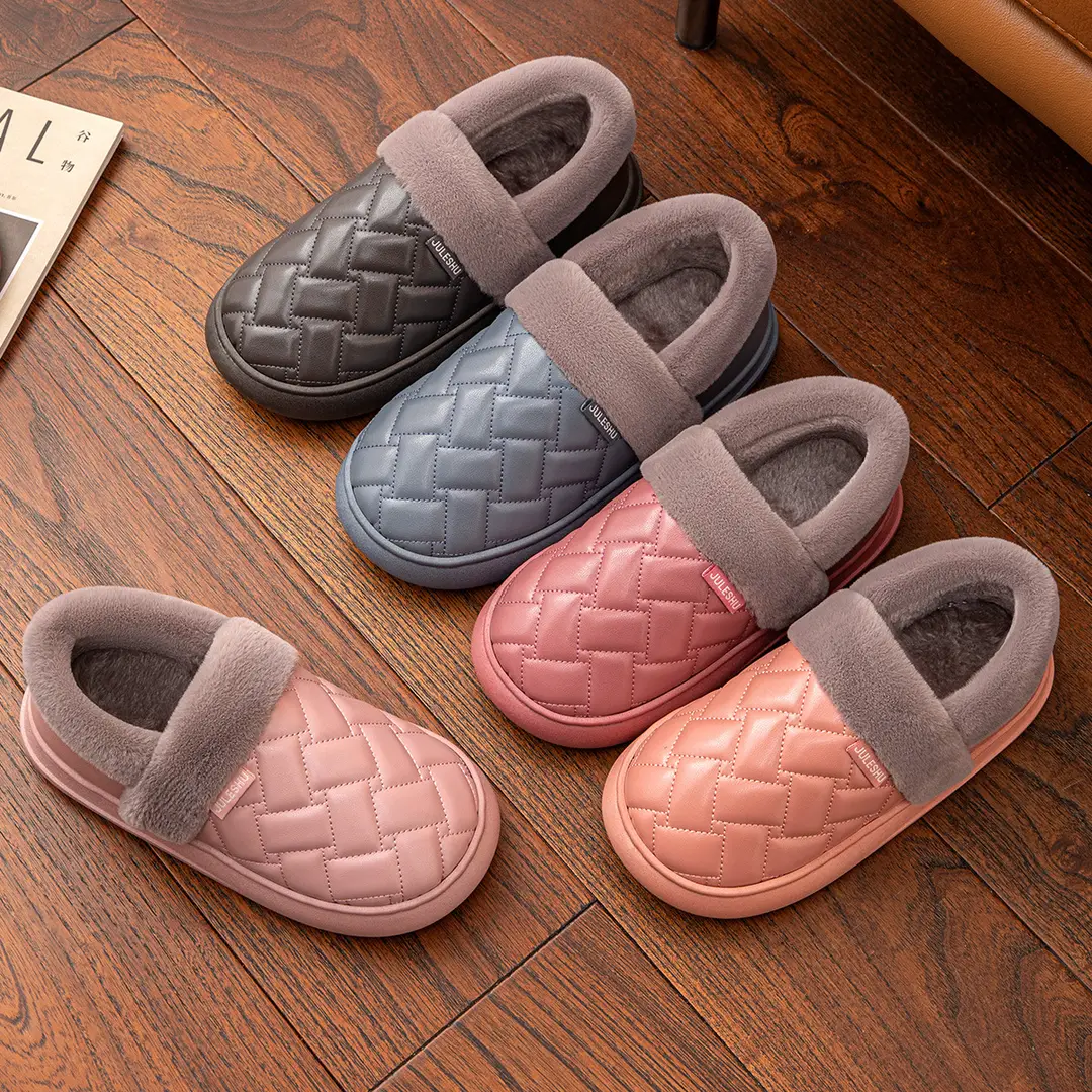 Waterproof Leather Cotton Slippers Women's Winter Home Indoor Thickened Warm Bag with Puleather Thick Slippers Household Autumn and Winter - Image 9